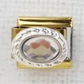 Close-up of gold and silver Italian charm with crystal and rope textured edge - Transparent Zirconia Oval(20)