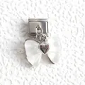 Italian charm bracelet link featuring a white resin bow and silver heart pendant - White Bowknot Heart