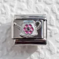 Macro shot of Italian style stainless steel link featuring a 3D enamel white watering can - White Pink Flower Watering Can Style (13)