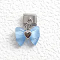 Italian charm bead with light blue resin bow and polished silver heart on stainless steel - Light Blue Bowknot Style
