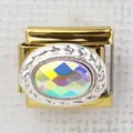 Macro detail of Italian gold charm with iridescent crystal and silver rope border - Rainbow AB Crystal(24)