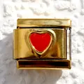 Golden Italian charm link with red enamel heart for modular DIY starter bracelet - Red Heart on Gold (30)