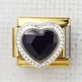 Macro view of Italian charm link featuring heart-shaped black stone and gold base - Black Heart(26)