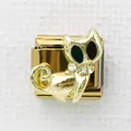 Maglia charm italiana con gatto dorato, occhi in smalto e strass bianchi luccicanti - Stile Gatto Smalto Oro (1)
