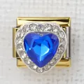 Detail of Italian charm link featuring a blue heart-shaped gem and golden finish - Blue Heart(28)