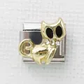 Charm modulare italiano con gatto placcato oro, zirconi al collo e occhi neri - Stile Gatto Seduto Argento Oro (2)