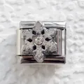 Macro view of Italian modular charm link with snowflake design and inset zircon stone - 3D Snowflake Rhinestone Style (15)