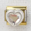 Close-up of gold modular bracelet link featuring a silver heart with a clear crystal - Transparent Heart(32)
