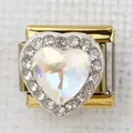 Macro detail of Italian charm bracelet link with gold heart and iridescent crystal stone - AB Rainbow Heart(33)