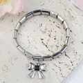 Italian charm bracelet in silver stainless steel with a black gemstone bow pendant - Silver/Black Zirconia