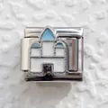Italian charm link with cute blue and white castle design in polished stainless steel - Light Blue Castle Style (5)
