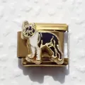 Macro view of gold-plated stainless steel Italian charm with black and white dog enamel - Dog 1