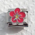 Italian charm link featuring a red enamel flower on a polished stainless steel base - Red Enamel Flower (1)