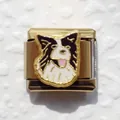 Macro detail of gold-plated stainless steel Italian link with enamel border collie charm - Border Collie