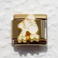 Gold-plated Italian charm bracelet link featuring a white poodle with a pink bow - Dog 2