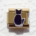Italian modular charm bracelet link featuring a black cat silhouette in gold finish - Black Cat
