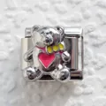 Italian charm link featuring a silver bear with a red heart and yellow enamel dots - Red Heart Bear Style (14)