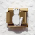 Detail of gold Italian charm link featuring a white cat silhouette for DIY bracelets - White Cat