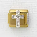 Italienisches Charm-Armband-Glied mit Goldbasis und Silberkreuz mit klarem Zirkonia-Stein - Silber Gold Zweifarbig Einzelstein Kreuz (16)