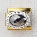 Italian charm link with a faceted grey gemstone and silver braided texture in gold finish - Gray Oval Stone(10)