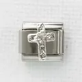Italienischer Charm-Link mit Kreuz aus Edelstahl und klarem Zirkonia-Kristall - Silber Einzelstein Gehämmerte Kreuz (17)
