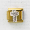 Italienisches Modul-Charm in Gold mit silbernem Kreuz und funkelnden Zirkoniasteinen besetzt - Gold Silber Kreuz Sechs Steine Stil (18)