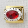 Italian charm bracelet link in gold finish with oval red gemstone and silver rope border - Red Oval Stone(12)