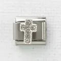 Italienisches Modularmband-Glied mit poliertem Silberkreuz und glitzernden Strasssteinen - Silber Sechs Steine Eingelegte Kreuz (19)