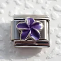 Italian charm link with purple enamel plumeria flower in polished stainless steel - Purple Enamel Flower (4)