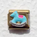 Macro view of gold stainless steel Italian charm with light blue enamel rocking horse - Rocking Horse