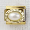 Italian charm link with a white oval pearl and a golden twisted rope border - White Pearl Rope Border(22)
