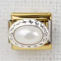 Italian style gold-tone charm link with oval silver rope border and white pearl inlay - White Pearl(23)