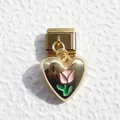 Italian charm bracelet component with gold heart pendant featuring a pink tulip design - Enamel Tulip Heart Style