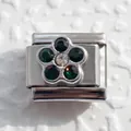Italienischer Charms Armband-Link mit grüner Kristallblume aus Edelstahl Silber - Dunkelgrün Strass Blume (14)
