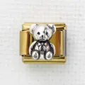Goldenes italienisches Modul-Charm mit silbernem Vintage-Teddybär und Schleife - Gold Basis Silber Fliege Teddy (28)