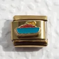 Gold-plated stainless steel Italian charm link featuring colorful curling sport enamel design - Curling Motif