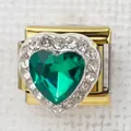 Italian charm link with heart-shaped emerald green stone and white rhinestones in gold finish - Green Heart(30)