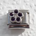 Italienisches Charm-Glied mit violetter Strassblume auf poliertem Edelstahl-Basis - Lila Strass Blume Stil 2 (17)