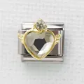 Italienisches Modular-Glied mit goldenem Flügelherz und facettiertem grauem Kristall - Silber Basis Goldrand Flügel Herz (31)
