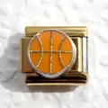 Macro shot of gold Italian charm link with orange basketball design and silver accents - Basketball Style 2
