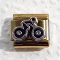 Detail of gold-plated stainless steel Italian charm link with silver bicycle motif - Cycling