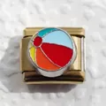 Macro view of gold-plated Italian charm bracelet link with colorful enamel beach ball - Beach Ball Style 1