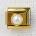 Italian style gold-plated modular charm link with a single white pearl inset - White Pearl Beaded Border(38)