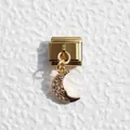 Macro view of gold Italian charm link featuring a crescent moon pendant with crystals - Pave Zirconia Crescent Moon Style