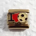 Macro shot of gold stainless steel Italian charm link with I Love Soccer design - Soccer Style 1