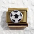Close-up of golden Italian charm bracelet link with black and white soccer ball design - Soccer Style 2