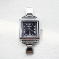 Women's square quartz wrist watch with silver stainless steel strap and black dial - Square Black Dial Roman Numerals Style