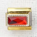 Italian style modular charm in gold finish with rectangular red gemstone and silver bead trim - Red Rectangle Silver Border(40)