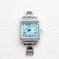 Elegant women's square quartz watch with silver metal band and light blue dial - Square Light Blue Dial Roman Numerals Style