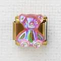 Italienischer Modul-Charm mit irisierendem rosa Bär auf polierter Goldbasis - Gold Irisierend Rosa Harzbär (38)